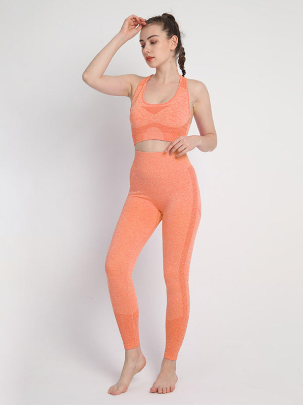 Kadın Dikişsiz Noktalı İki Parçalı Şeftali Bel Pantolonu Racerback Sütyen Spor Takımı