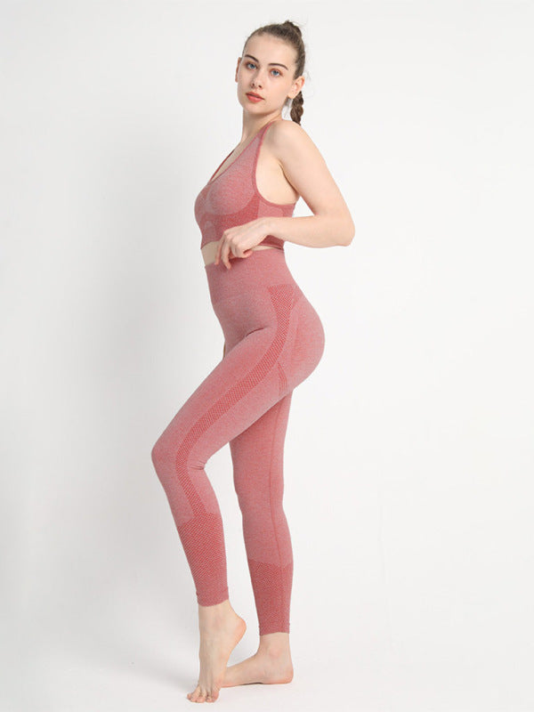 Kadın Dikişsiz Noktalı İki Parçalı Şeftali Bel Pantolonu Racerback Sütyen Spor Takımı