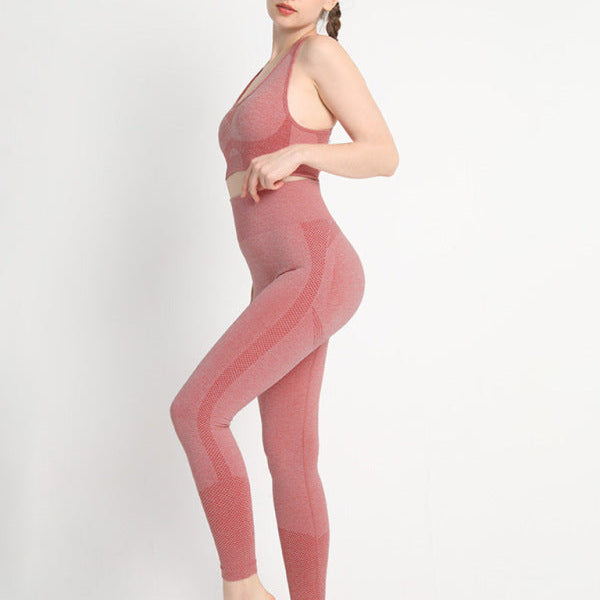 Kadın Dikişsiz Noktalı İki Parçalı Şeftali Bel Pantolonu Racerback Sütyen Spor Takımı