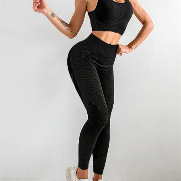 Kadınlar için Yüksek Bel Sıkı Yoga Pantolonu ve Boyun Askılı Yoga Atletinden Oluşan İki Parçalı Set