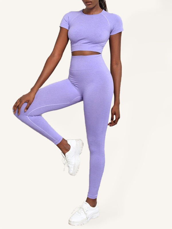 Kadın Tek Renk Dikişsiz Egzersiz Yoga Kısa Kol + Pantolon İkili Takım