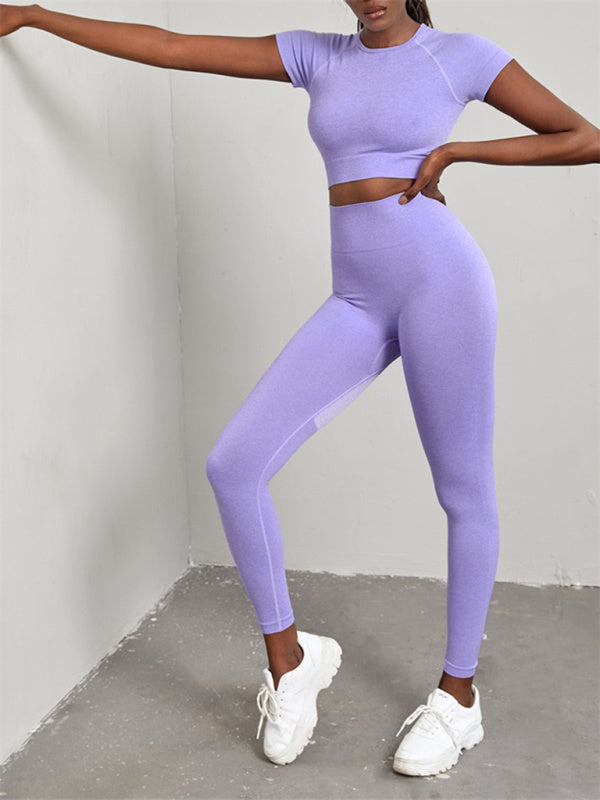 Kadın Tek Renk Dikişsiz Egzersiz Yoga Kısa Kol + Pantolon İkili Takım