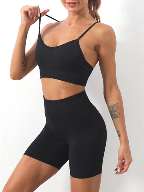 Tam Renkli Kadınlar için Dikişsiz Camisole Yoga Spor Sütyeni ve Şortlardan Oluşan İki Parçalı Set