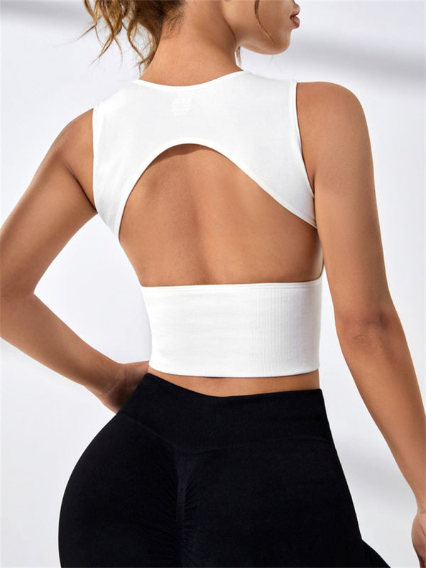 Tek Renk, Sırtı Açık, Kolsuz Kadın Spor Tank Topu, Yuvarlak Yaka